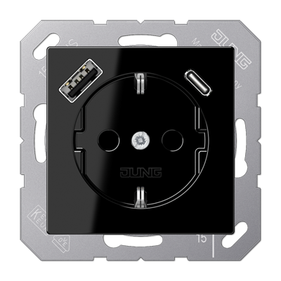 Розетка SCHUKO® з USB A/C, чорна A1520-15CASW фото